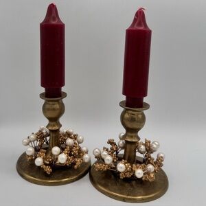 Vintage Brass Candlestick Holders Pair Etched Base Short Taper Candle Holders